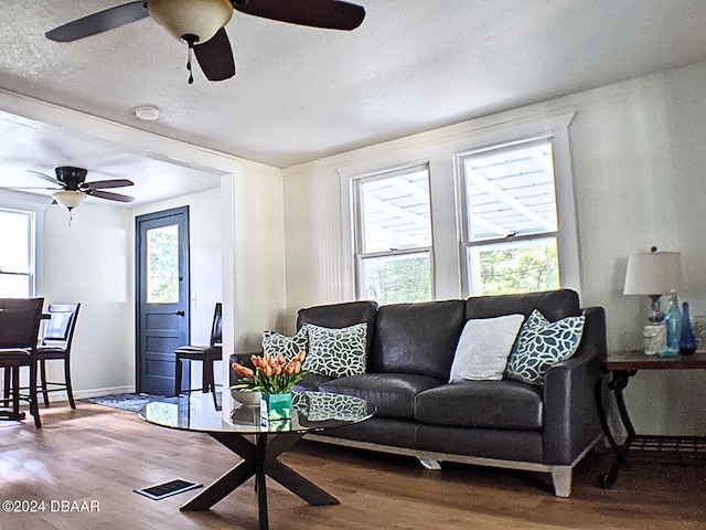 living room featuring hardwood / wood-style floors and a textured ceiling