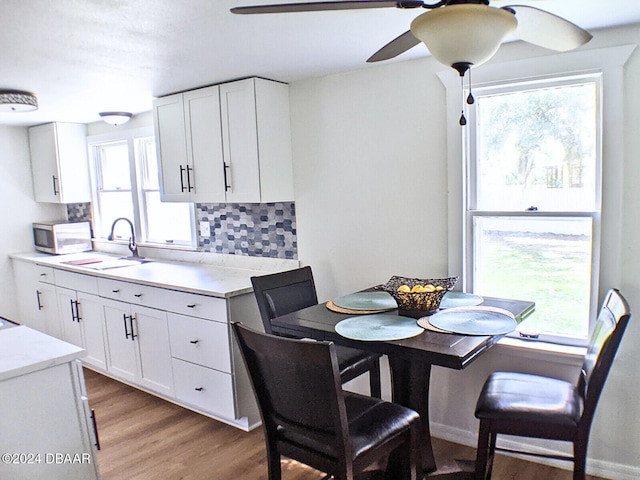 kitchen with light hardwood / wood-style floors, white cabinetry, sink, and a wealth of natural light