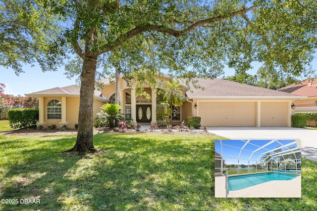 view of front of house featuring a front lawn, an attached garage, an outdoor pool, and stucco siding