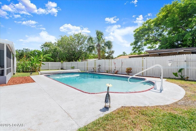 view of pool with a fenced backyard, a patio, and a fenced in pool