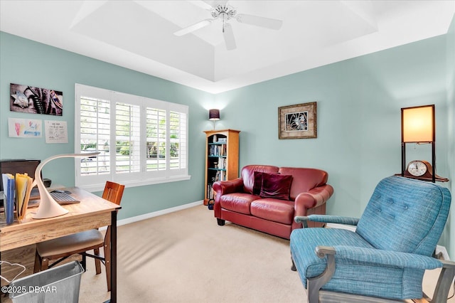 2 Bulows Lndg, Flagler Beach, FL 32136 - carpeted home office featuring a raised ceiling, ceiling fan, and baseboards