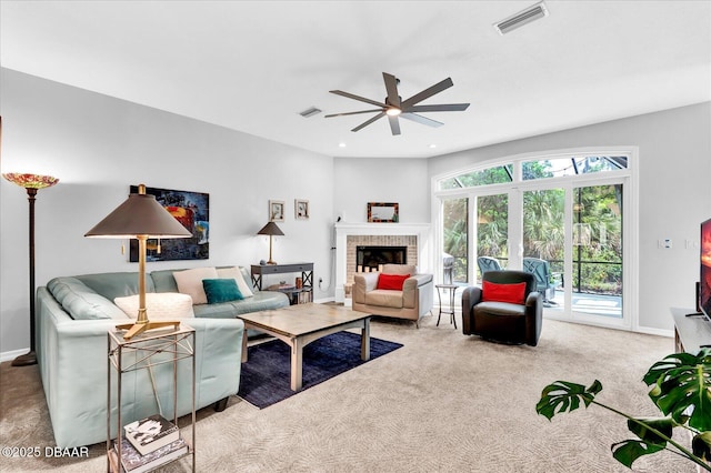 2 Bulows Lndg, Flagler Beach, FL 32136 - living area featuring ceiling fan, carpet, recessed lighting, baseboards, and a brick fireplace