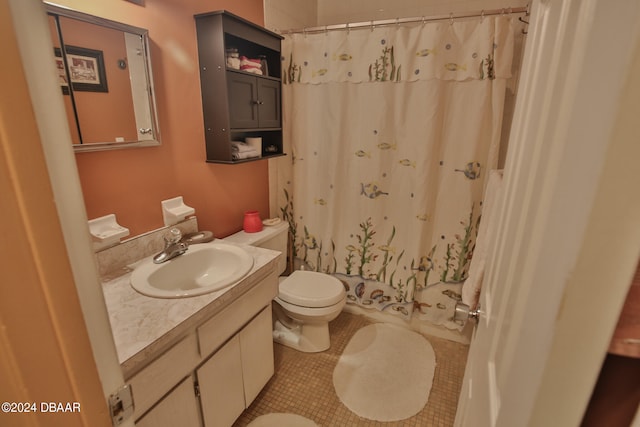 full bathroom with vanity, tile patterned flooring, toilet, and shower / tub combo