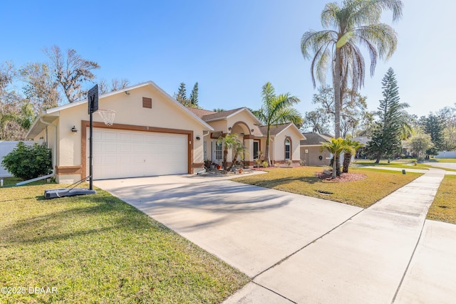 ranch-style house with a garage and a front lawn