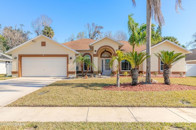 view of front of property with a front yard and a garage