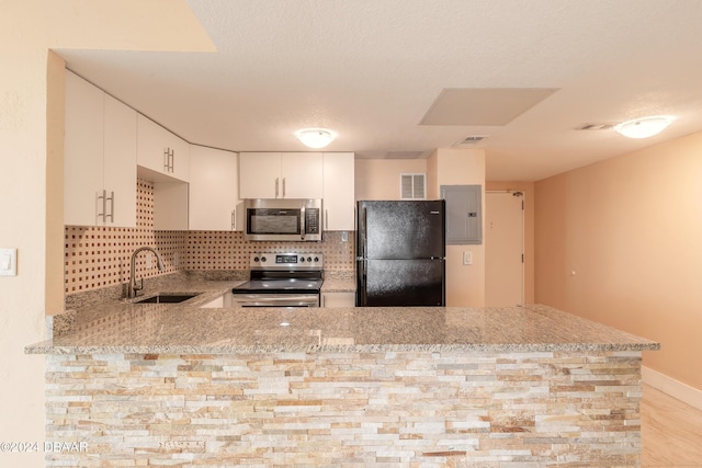 kitchen with white cabinetry, sink, kitchen peninsula, decorative backsplash, and appliances with stainless steel finishes