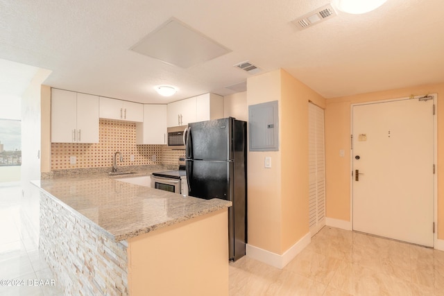 kitchen featuring sink, stainless steel appliances, kitchen peninsula, electric panel, and white cabinets