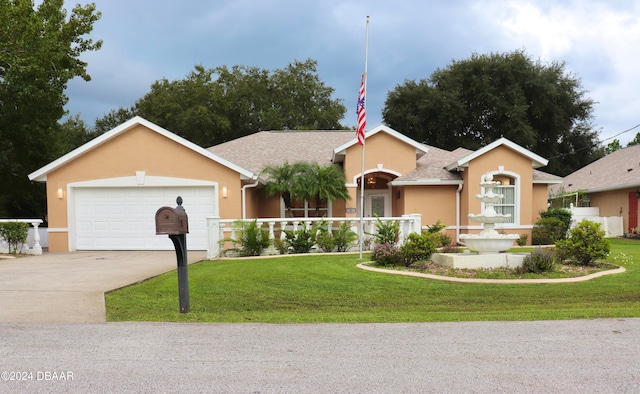 ranch-style house featuring a garage and a front yard