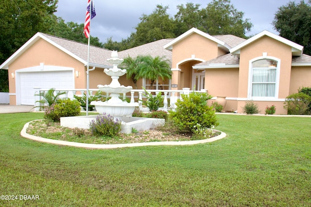 ranch-style home featuring a garage and a front yard