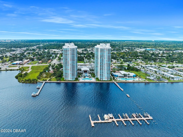 drone / aerial view with a water view