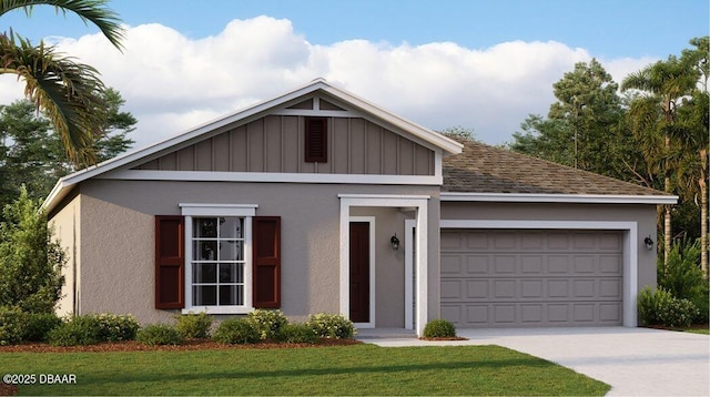 3988 Willowbrook Dr, Edgewater, FL 32141 - view of front of house with concrete driveway, a garage, stucco siding, a front lawn, and board and batten siding