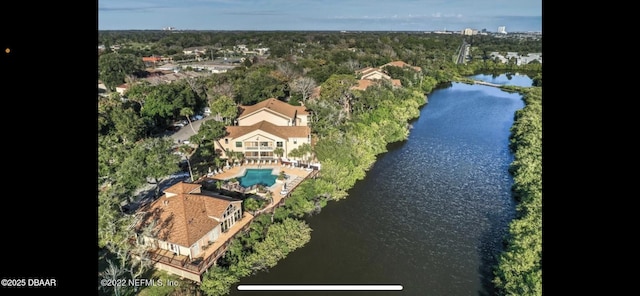 drone / aerial view with a water view