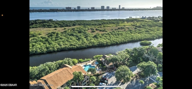 drone / aerial view with a water view