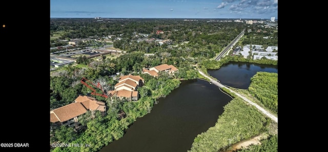 aerial view featuring a water view