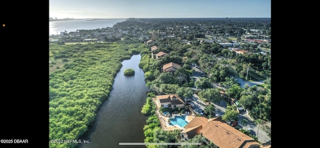 aerial view featuring a water view