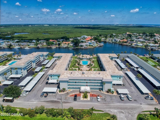 bird's eye view with a water view