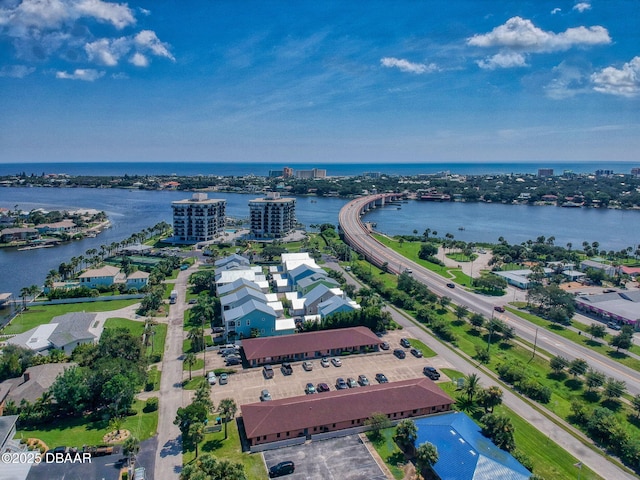 drone / aerial view featuring a water view