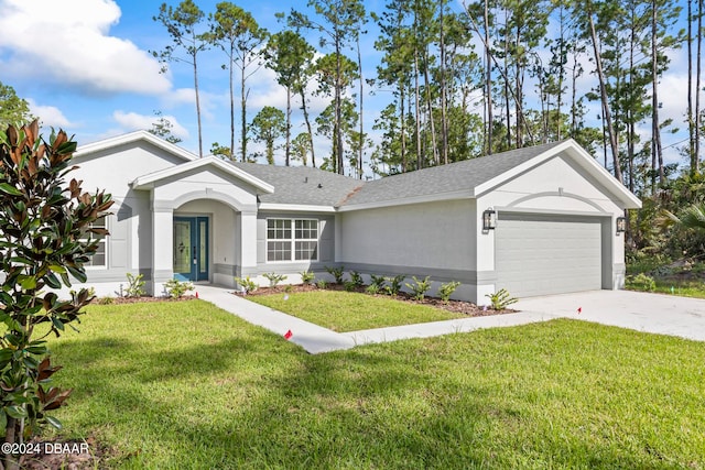 single story home with a garage and a front lawn