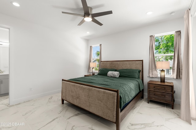 bedroom with baseboards, recessed lighting, connected bathroom, ceiling fan, and marble finish floor
