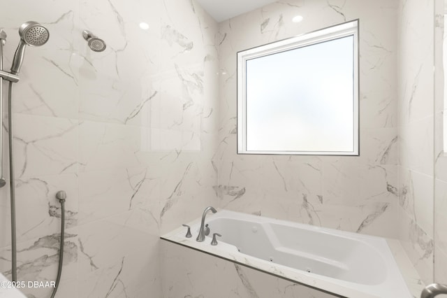 full bath with a marble finish shower and a tub with jets
