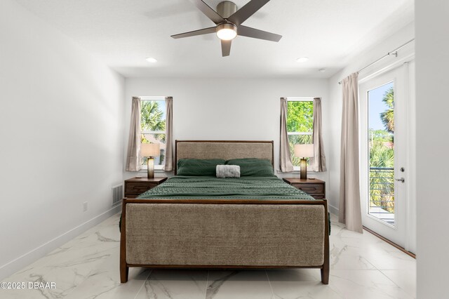 bedroom featuring visible vents, access to exterior, marble finish floor, and baseboards