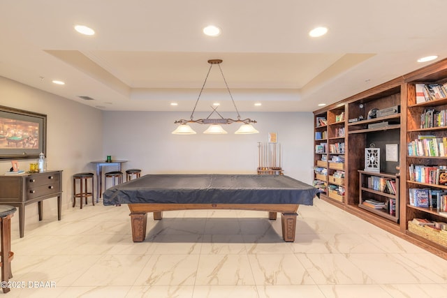 2055 S Atlantic Ave Unit 710, Daytona Beach, FL 32118 - playroom featuring billiards table, a raised ceiling, recessed lighting, light marble finish flooring, and crown molding