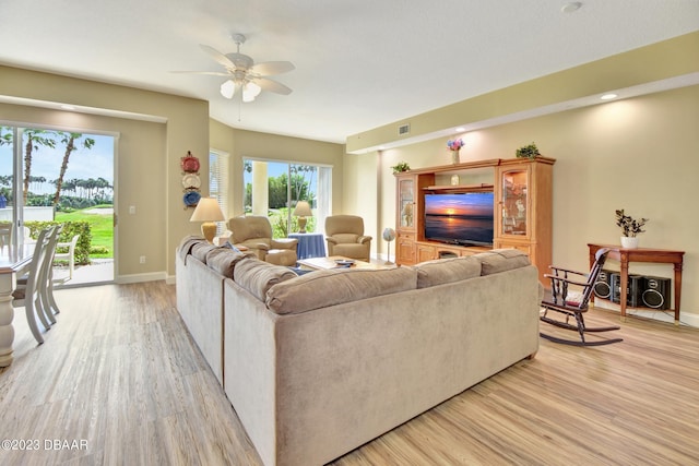 4670 Links Village Dr Unit B102, Ponce Inlet, FL 32127 - living room featuring light wood-type flooring, ceiling fan, baseboards, and recessed lighting