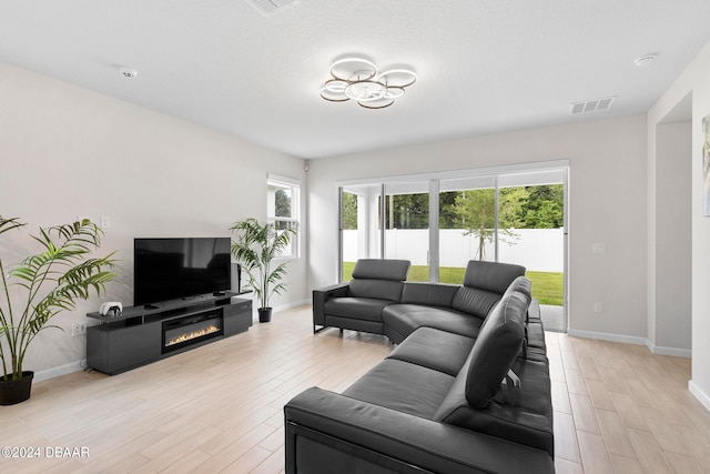 living room featuring a healthy amount of sunlight and light hardwood / wood-style flooring