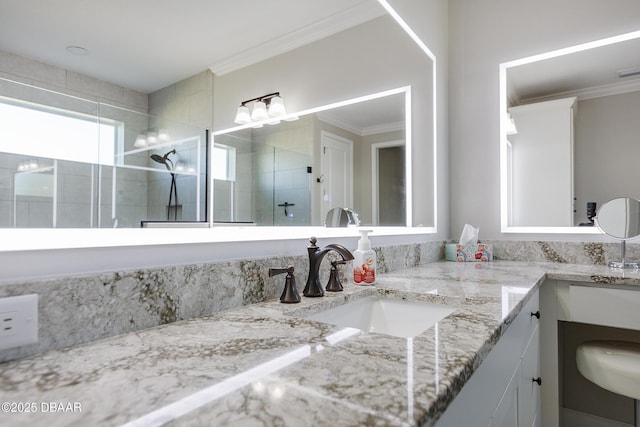 838 Attitude Ave, Daytona Beach, FL 32124 - full bathroom featuring tiled shower, vanity, and ornamental molding