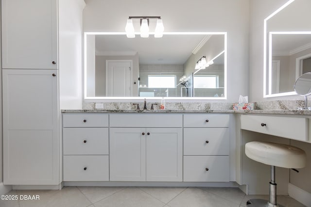 838 Attitude Ave, Daytona Beach, FL 32124 - full bathroom featuring ornamental molding, tile patterned floors, a tile shower, and vanity