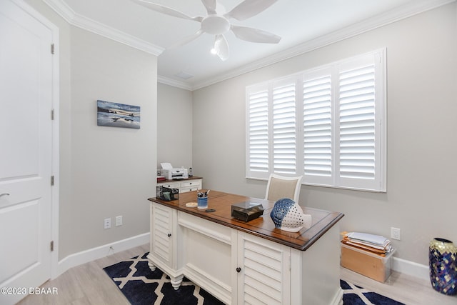 838 Attitude Ave, Daytona Beach, FL 32124 - office featuring light wood-style floors, a ceiling fan, crown molding, and baseboards