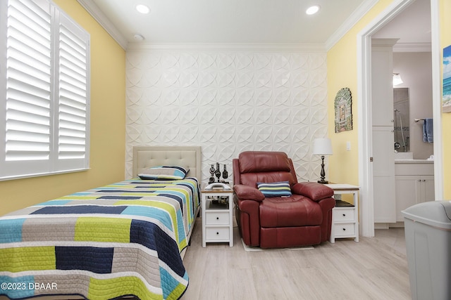 838 Attitude Ave, Daytona Beach, FL 32124 - bedroom with ornamental molding, wood finished floors, multiple windows, recessed lighting, and ensuite bathroom