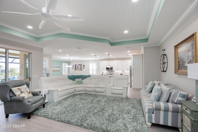 838 Attitude Ave, Daytona Beach, FL 32124 - living area featuring light wood-type flooring, a ceiling fan, crown molding, recessed lighting, and wooden ceiling