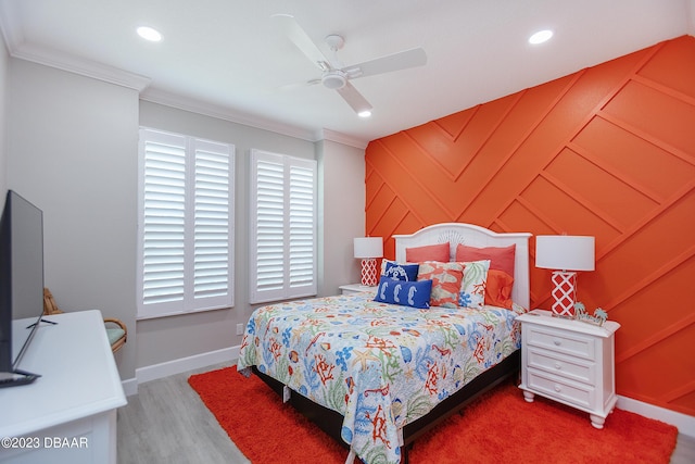 838 Attitude Ave, Daytona Beach, FL 32124 - bedroom featuring ornamental molding, baseboards, recessed lighting, ceiling fan, and wood finished floors