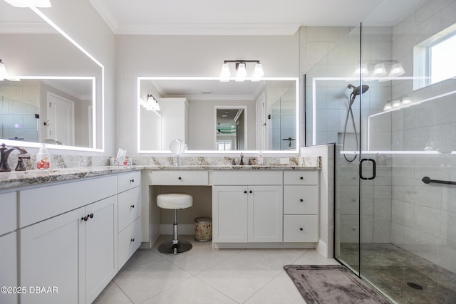 838 Attitude Ave, Daytona Beach, FL 32124 - bathroom with tile patterned flooring, a shower stall, vanity, and ornamental molding