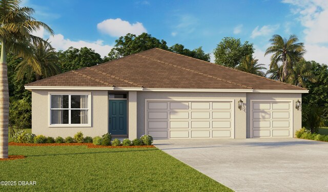 1363 Morning Walk Dr, Ormond Beach, FL 32174 - view of front of home featuring an attached garage, a front lawn, stucco siding, and driveway