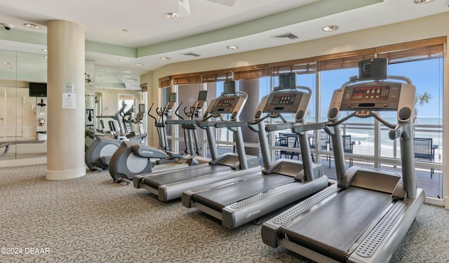 gym with plenty of natural light and carpet