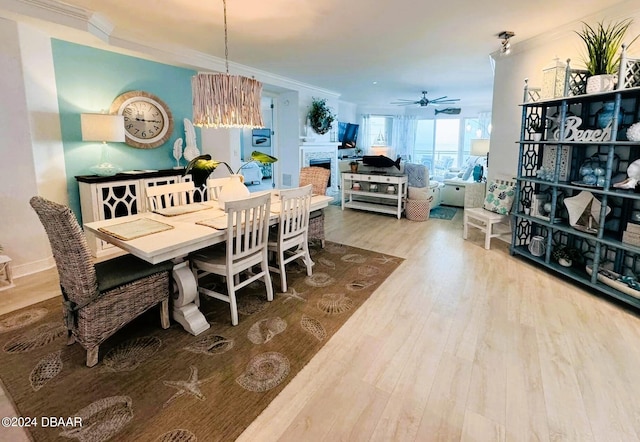 dining space featuring hardwood / wood-style floors, ceiling fan, and crown molding