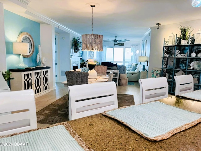 living room with hardwood / wood-style flooring, crown molding, and ceiling fan