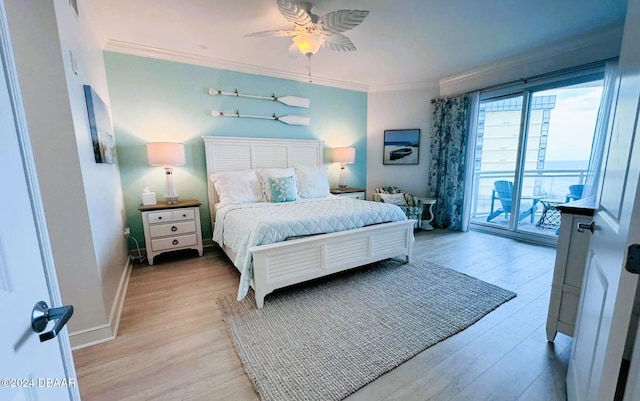 bedroom featuring ornamental molding, ceiling fan, light hardwood / wood-style floors, and access to exterior