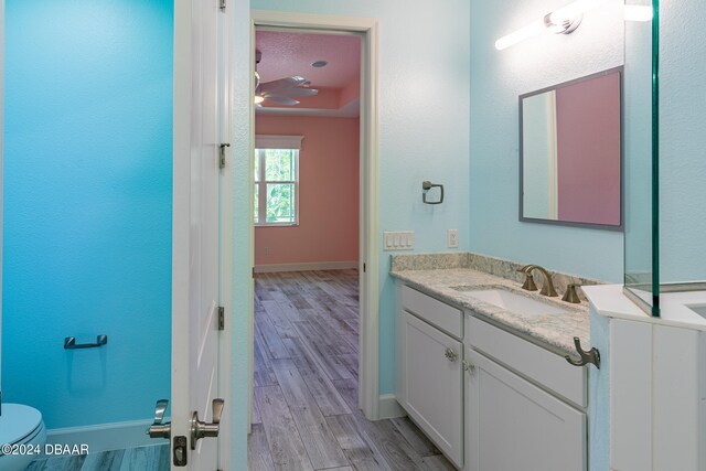 bathroom with wood-type flooring, vanity, toilet, and a textured ceiling