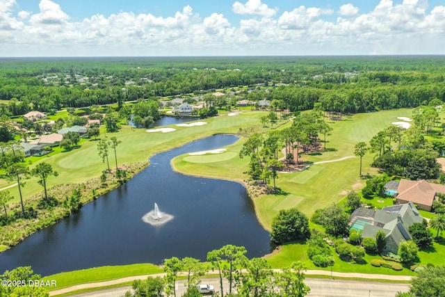 aerial view featuring a water view, view of golf course, and a wooded view