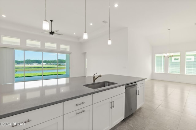 kitchen featuring sink, hanging light fixtures, a healthy amount of sunlight, white cabinets, and stainless steel dishwasher