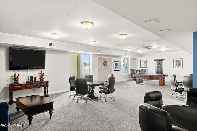 recreation room featuring carpet flooring, visible vents, pool table, baseboards, and ornamental molding