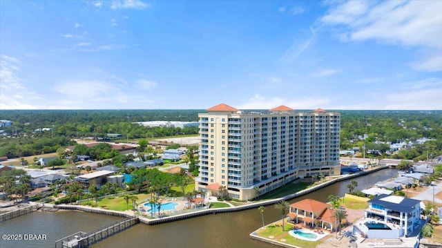 aerial view featuring a water view