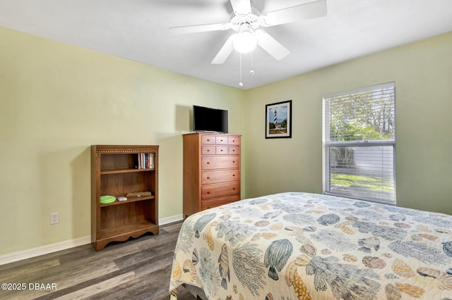 bedroom featuring ceiling fan and dark hardwood / wood-style flooring