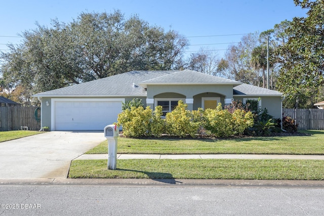 ranch-style home featuring a garage and a front yard