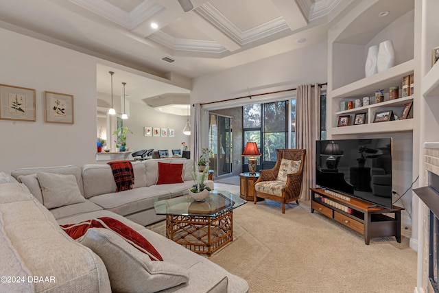 carpeted living room with beamed ceiling, coffered ceiling, and crown molding