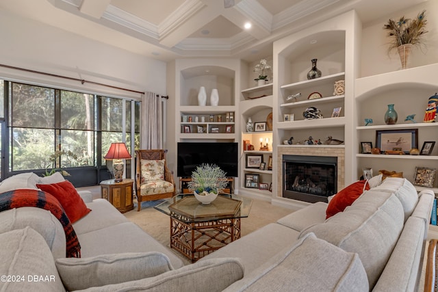 living room featuring built in shelves, ornamental molding, beamed ceiling, and coffered ceiling