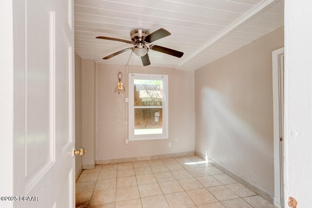 634 Aberdeen St, Daytona Beach, FL 32114 - empty room featuring ceiling fan, light tile patterned floors, wood ceiling, and baseboards
